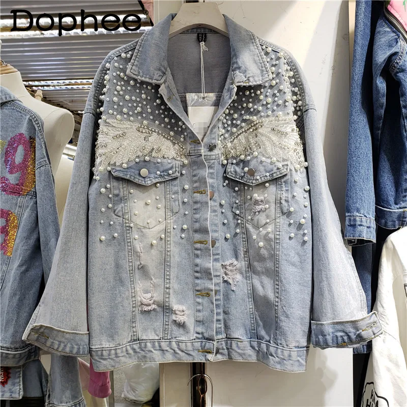 2022 Spring New Exquisite Rhinestone Beaded Pearl Jean Jacket Women Denim Jackets Oversized Loose Casual Coats Femme Top Fashion