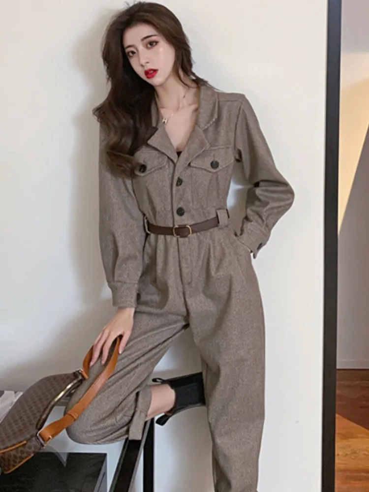 

Lapel Woolen Chic High Waist Jumpsuits With Sashes Loose Women 2021 New Casual Warm Autumn OL Clothe Rompers