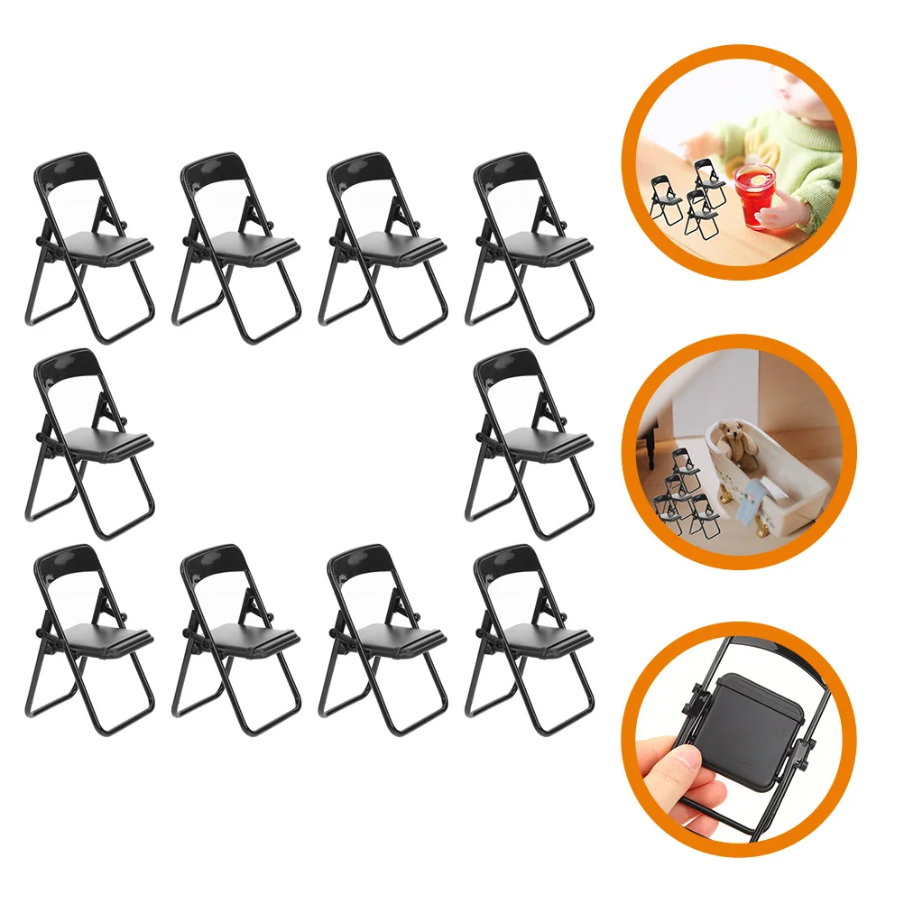 

10 Pcs Black Chairs Micro Landscape Decor Mini Furniture Tiny Prop Folding Phone Stand
