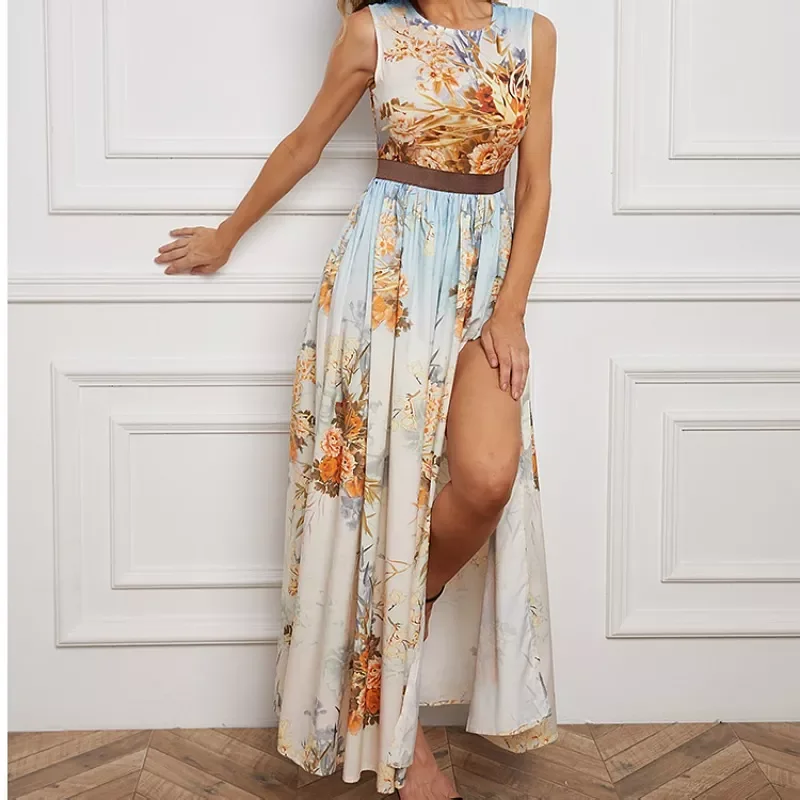 

NEW IN Socialite Style High Waist Print Dress New Round Neck Temperament Commute Long Slit Long Dresses Vestidos Elegantes Para