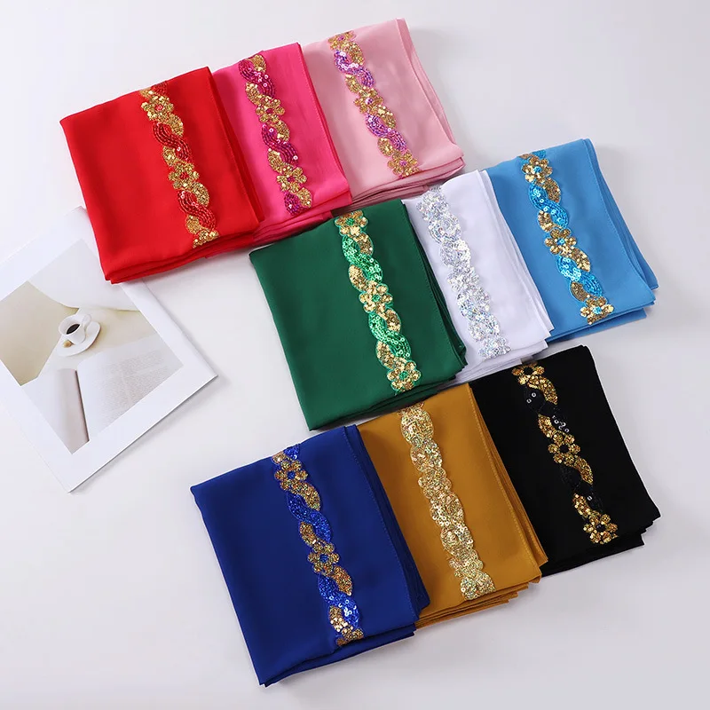 New Muslim Women's Headscarf Heavy Chiffon Shawl Hijab With Colorful Sequins Lace Wrap For Luxury Party Wedding 175x70CM