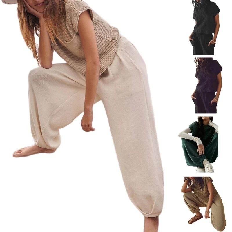 

Женские топы с круглым вырезом под горло и брюки с высокой талией, комплект из свитера и двух предметов