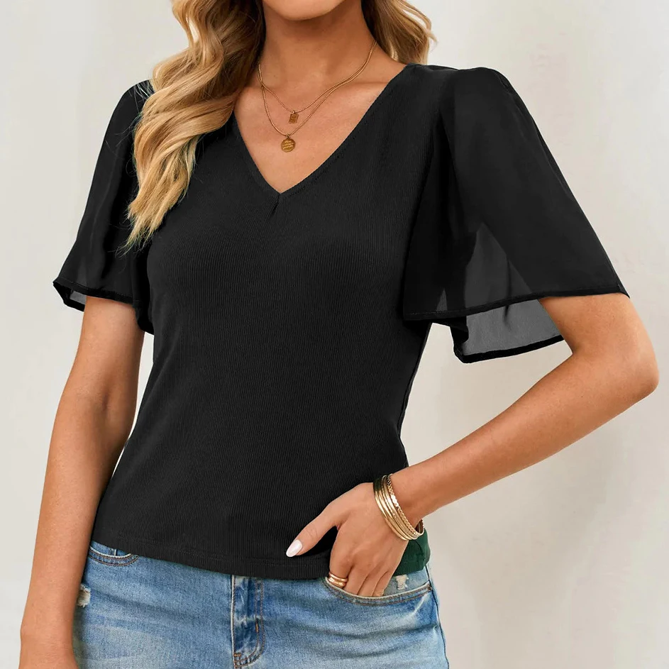 

Женская Сетчатая футболка с коротким рукавом и V-образным вырезом