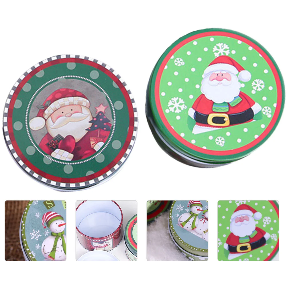 

2Pcs Christmas Cookie Tins Candy Box Round Empty Cookie Tins Xmas Metal Gift Box for Holiday Party Candy Tea ( )