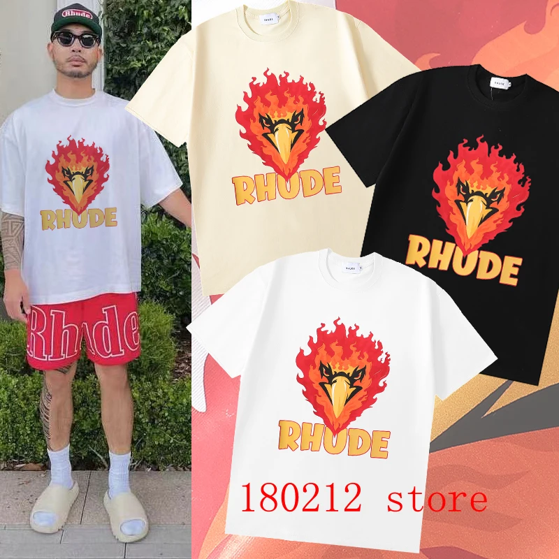 

2023SS RHUDE Flame Eagle Head Short Sleeve T Shirt Men Women High Quality Streetwear T-Shirt Top Tees