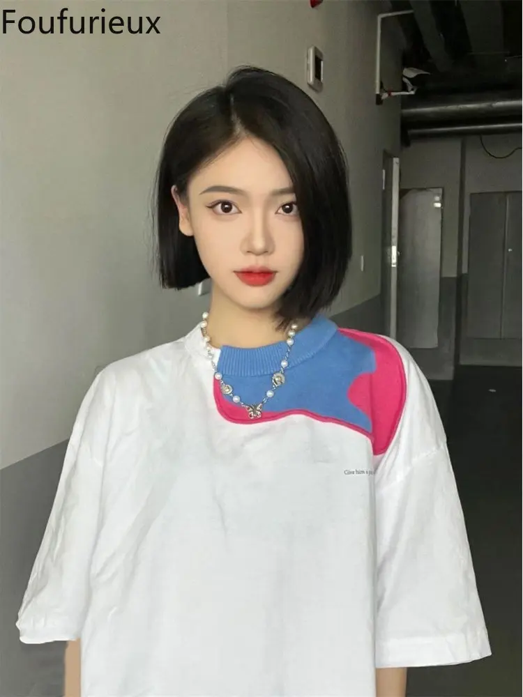 

Женская футболка с коротким рукавом и круглым вырезом, свободного покроя