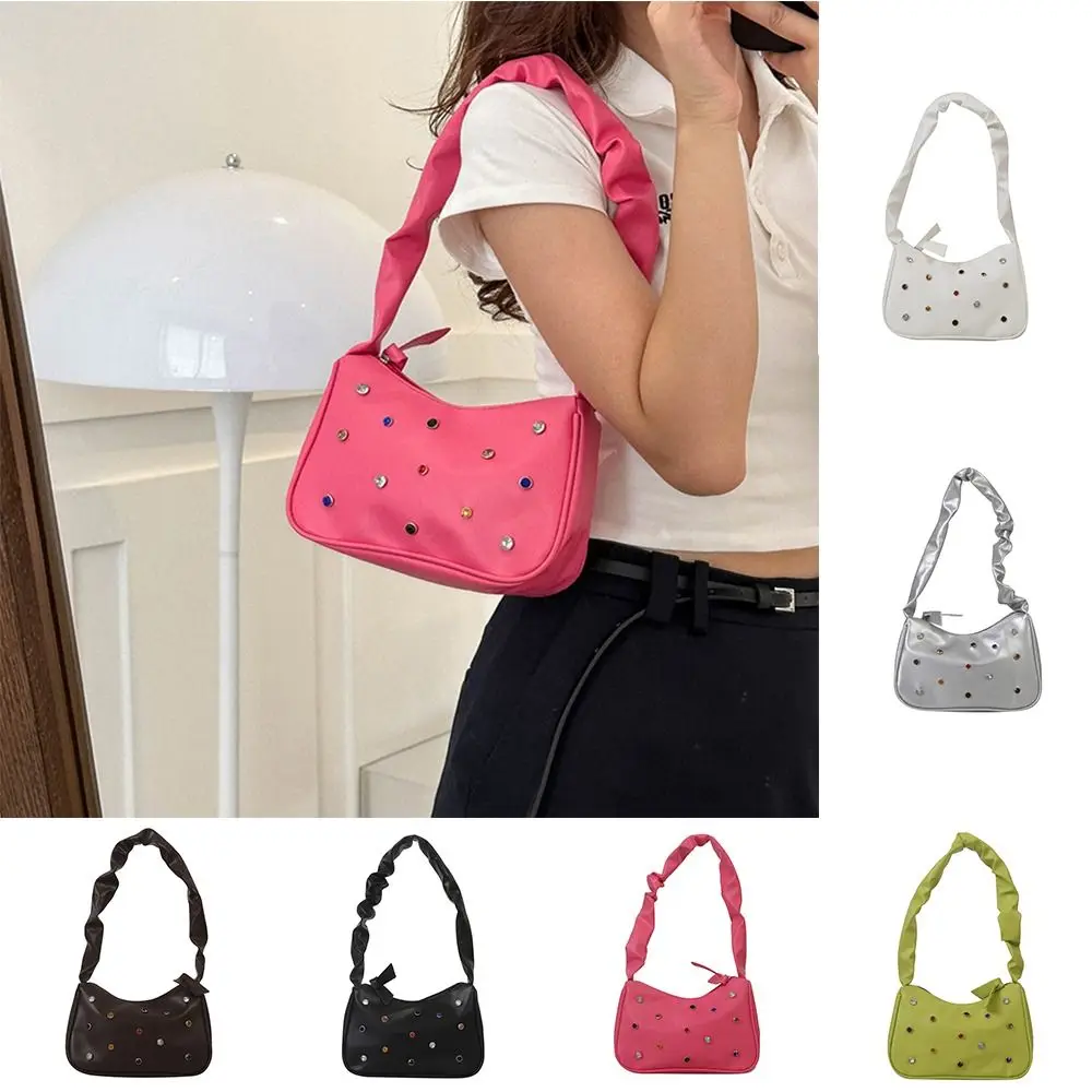 

PU Leather Rhinestone Underarm Bag Casual Korean Style Solid Color Shoulder Bag Large Capacity Shopping