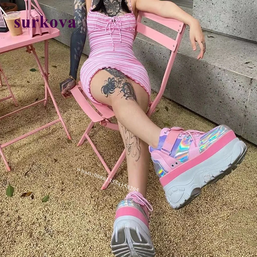 Pink Mirage Platform Ankle Boots Height Increasing Cross Tied Women Boots Fashion Luxury Shoes Spice Girls Summer Sexy