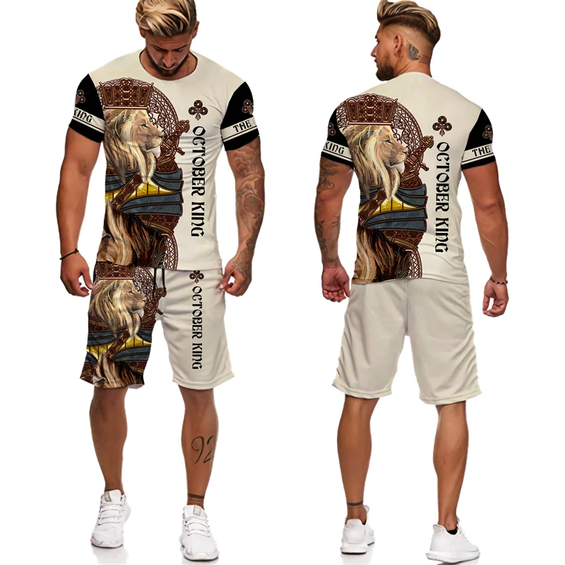 Summer Men Two Piece Set King Ace Spade Lion Poker 3d Print T-shirt/shorts/suit Hip Hop Streetwear Casual Harajuku Male Outfit