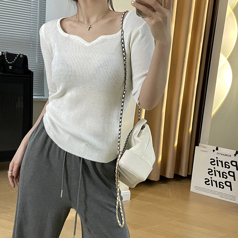 

Solid Square Neck Half Sleeve Knitted Tops White Green Blue Black Spring Summer Women Tops