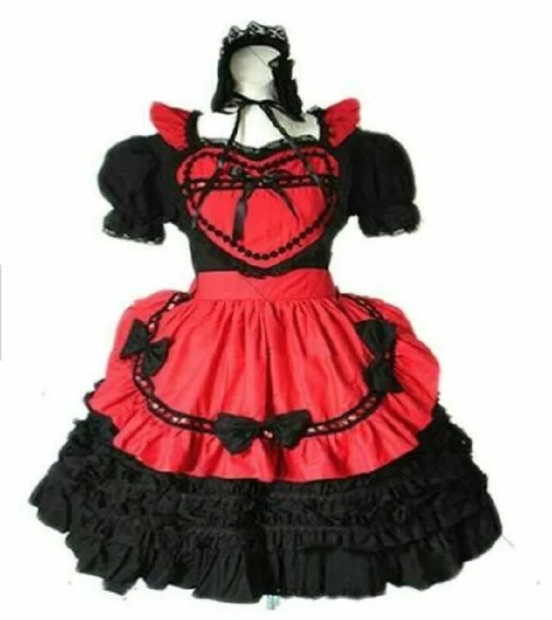 

Red Lace Heart-Shaped Pattern Bubble Sleeve Apron Sissy Baby Maid Mini Dress CD / TV Customizable