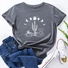 Женская хлопковая Футболка с изображением лунных фаз, кактусов, ночного неба, с коротким рукавом, летний топ