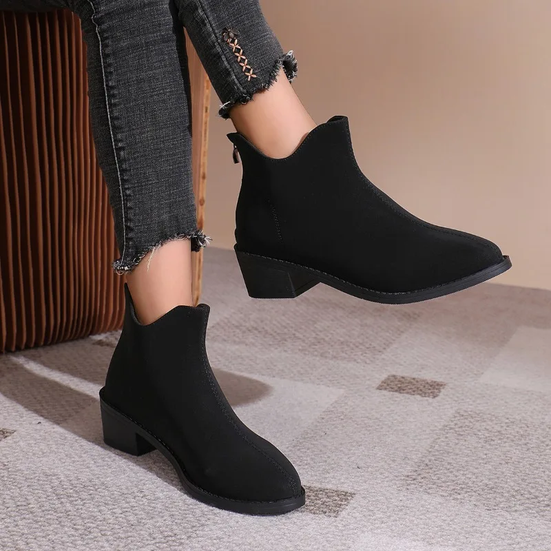 

Shoes for Women 2023 Fashion Slip on Women's Boots Autumn Pointed Toe Solid Concise Short Barrel Chunky Heels Western Boots