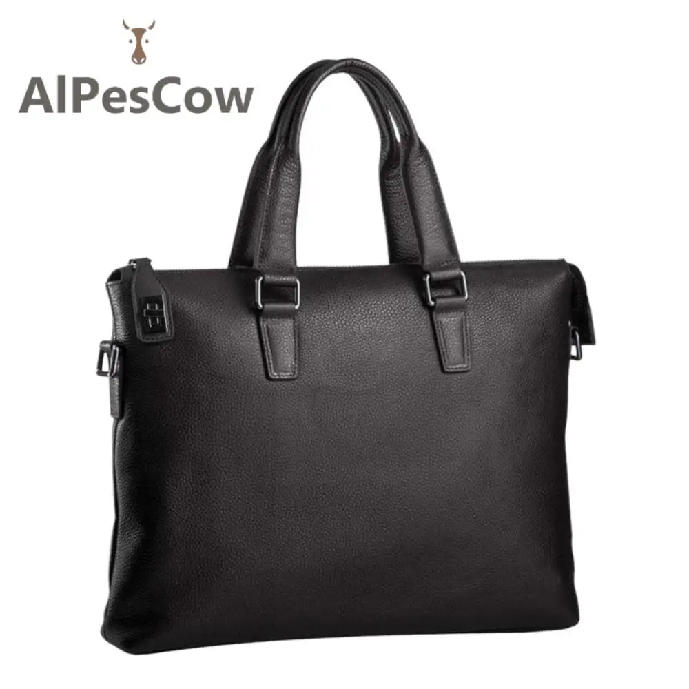 High Quality 100% Alps Cowhide Briefcase For Laptop Vintage Luxury Genuine Leather Messenger Bags Handbag With Shoulder Strap