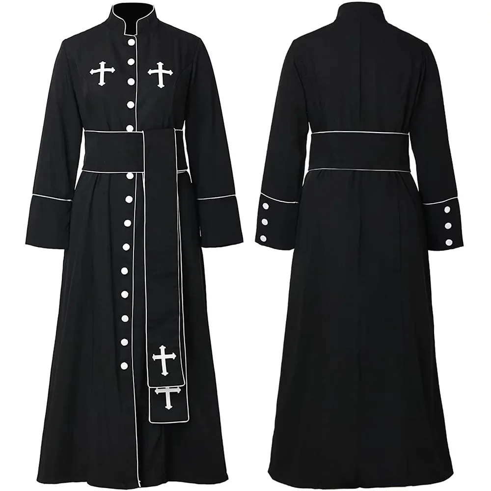 Black Noble Priest Costume Medieval Church Robe Trench Jacket Stand Collar Witch Wizard Cloak Halloween Vampire Clothing