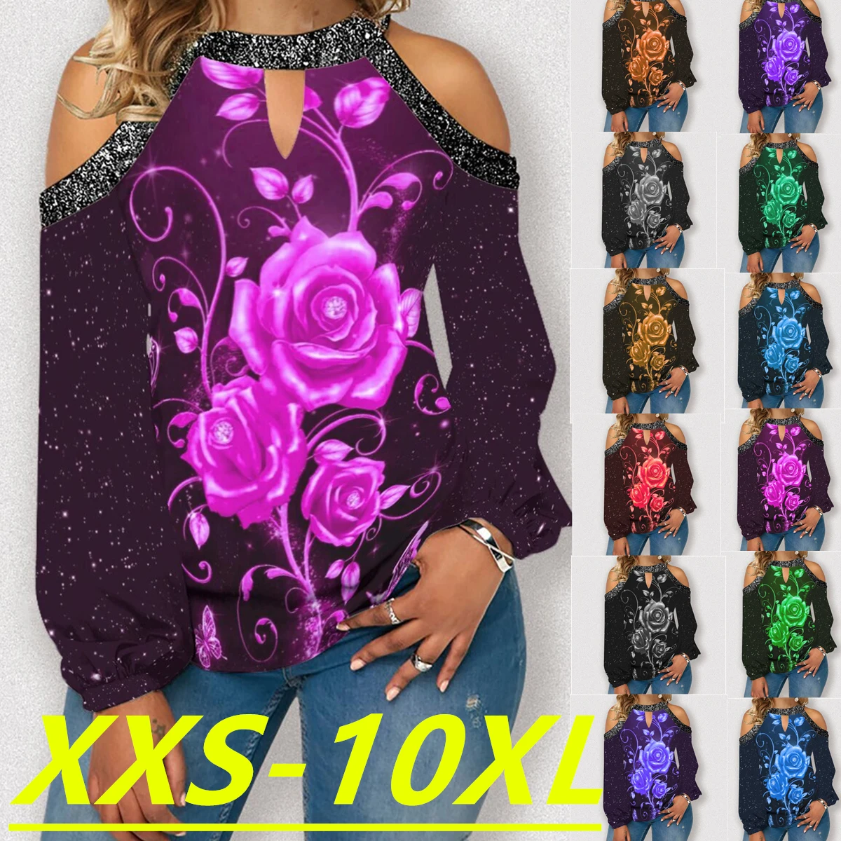 

Fall/Winter 2022 Fashion Women's Floral Print Round Neck Off Shoulder Long Sleeve Casual Plus Size Top XXS-10XL