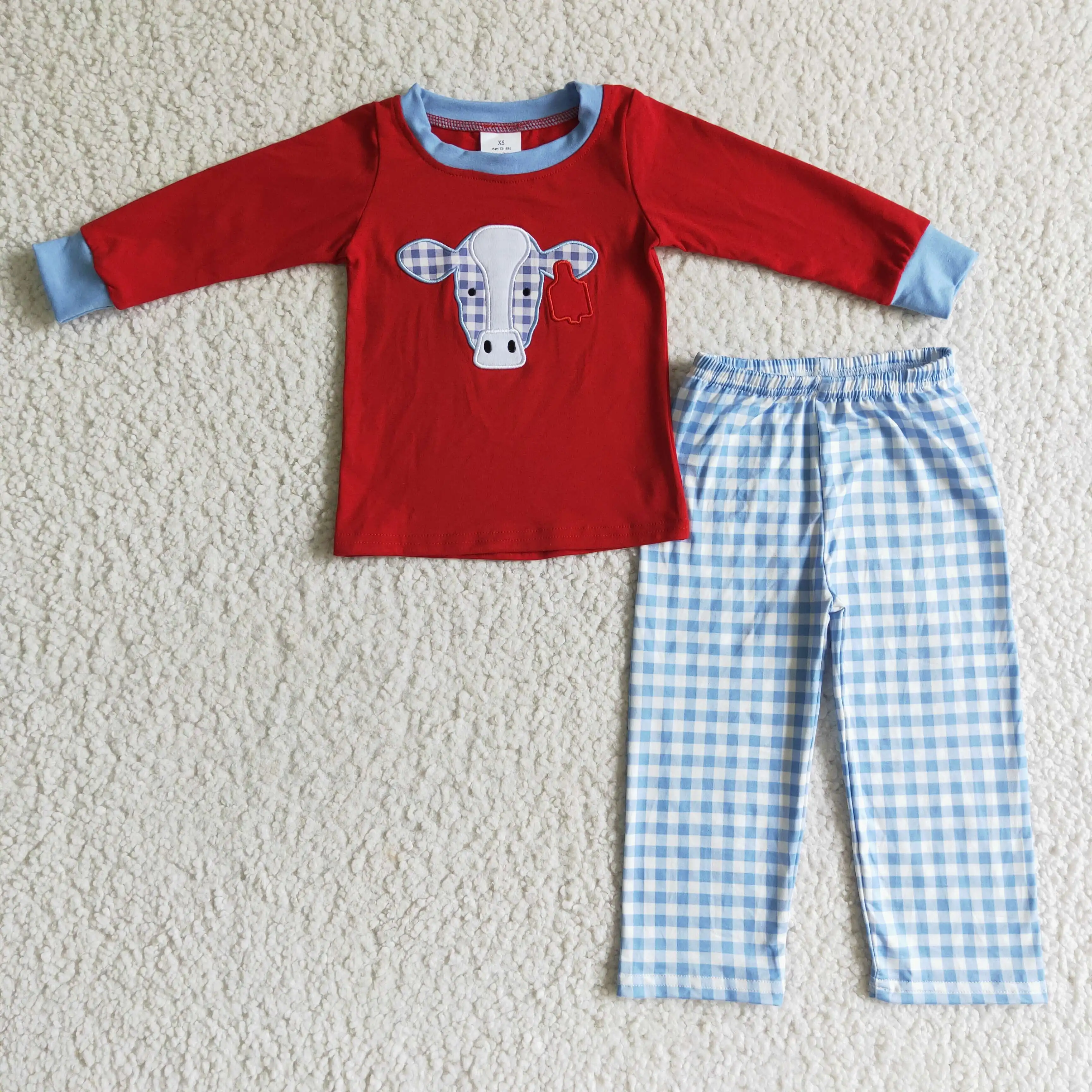 

sleep embroider cow pajamas blue plaid Pants Suit Baby Kids Boutique Wholesale Clothing Fall Winter Boys outfits Children's Wear