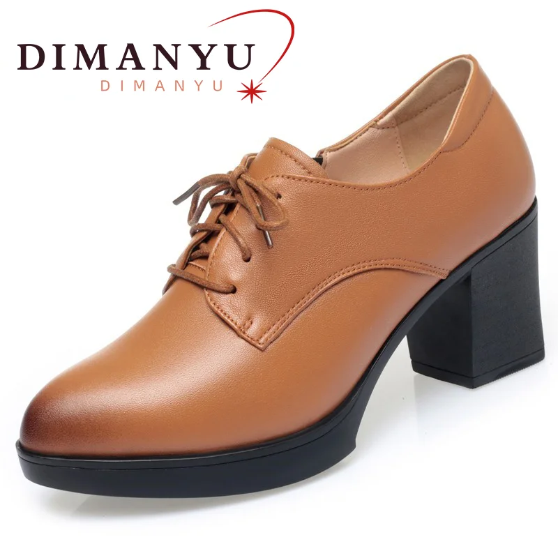 DIMANYU Dress Shoes Female New 2023 Spring High Heels Real Leather Lace-up Women's Shoes British Platform Women's Shoes