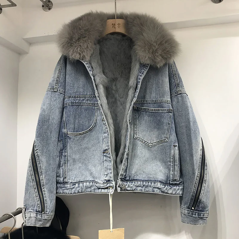 

Fox Natural Collar Rabbit Fur Lined Denim Jacket Women Winter Thick Warm Loose Back Zipper Jeans Coat Female Outerwear