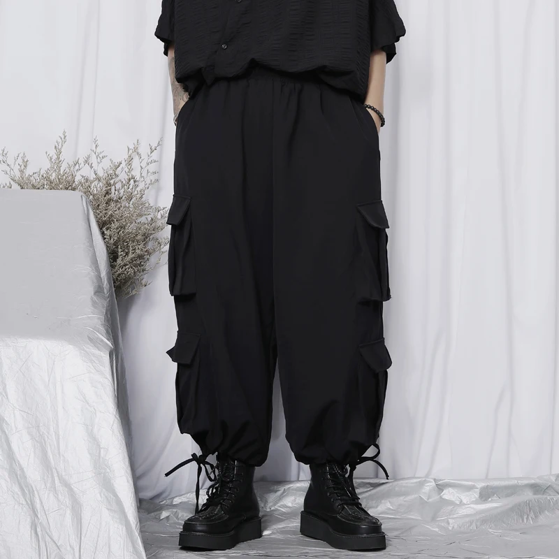 Men's Loose Wide Leg Capris 2022 Spring New Large Loose Straight Overalls Trend Personalized Large Pocket Functional Casual Pant