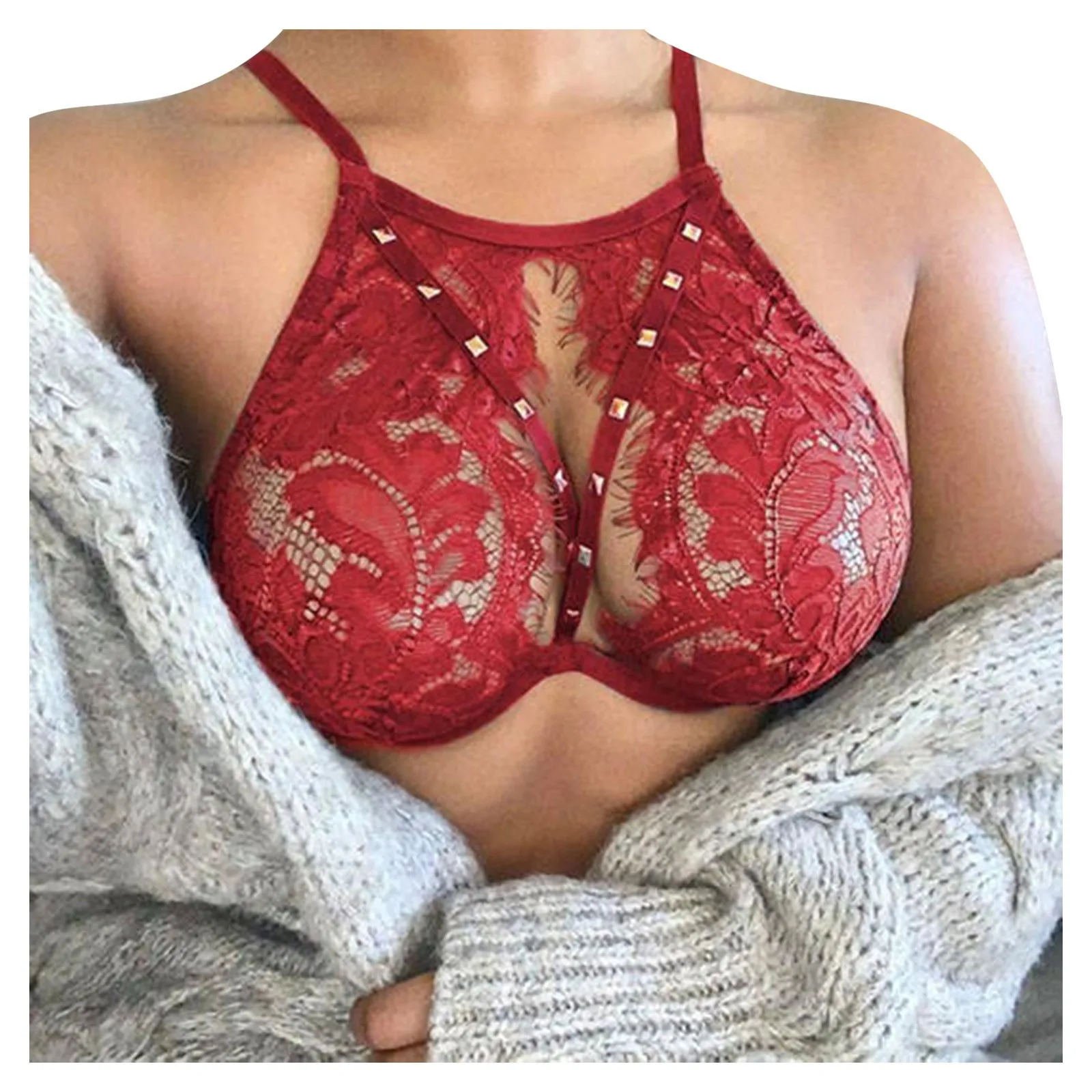 

Женское Эротическое нижнее белье, сексуальное кружевное нижнее белье с ресницами, без стальных колец, бюстгальтер без подкладки, красное нижнее белье с лямкой на шее и принтом, соблазнительное нижнее белье