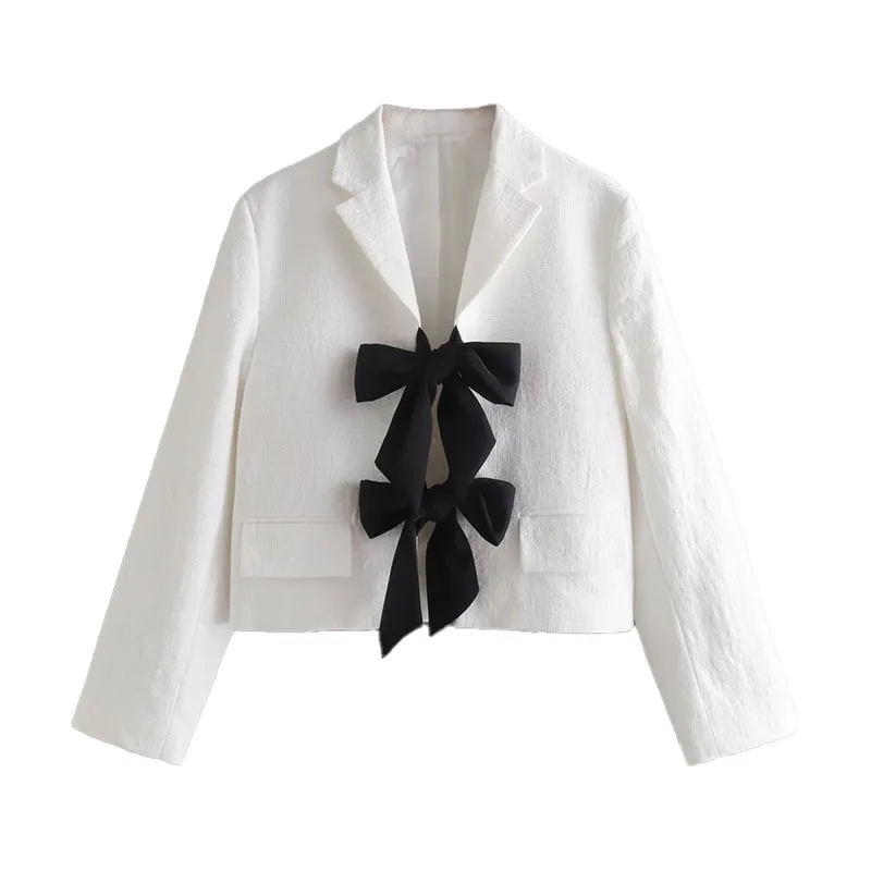 

ZATRHMBM Fashion Womans Blazer 2022 Vintage Long Sleeves Coat Cropped With Contrast Bow White Chic And Elegant Woman Jacket