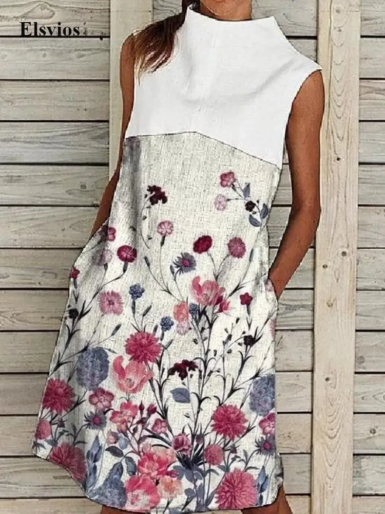 

2022 Women Elegant Turtleneck Party Dress Casual Summer Sleeveless Pullover Mini Dress Retro Patchwork Flower Print Loose Dress