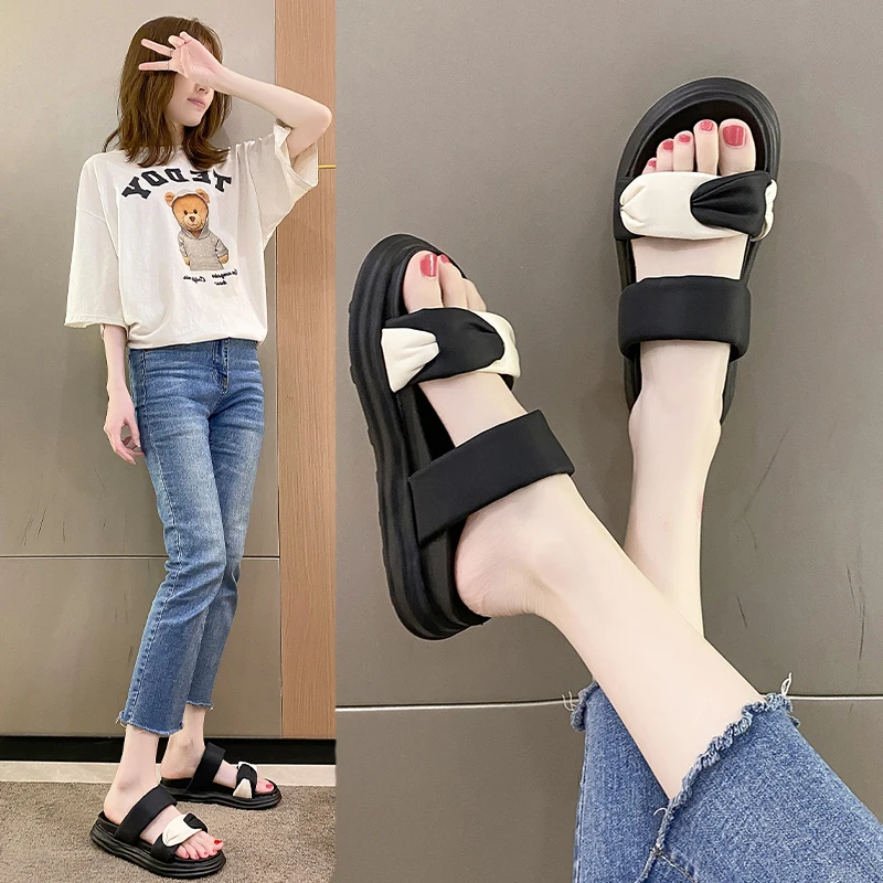 

Тапки женские домашние на платформе, мягкие тапочки на средней резиновой подошве, повседневные сандалии из искусственной кожи, тапочки для ...