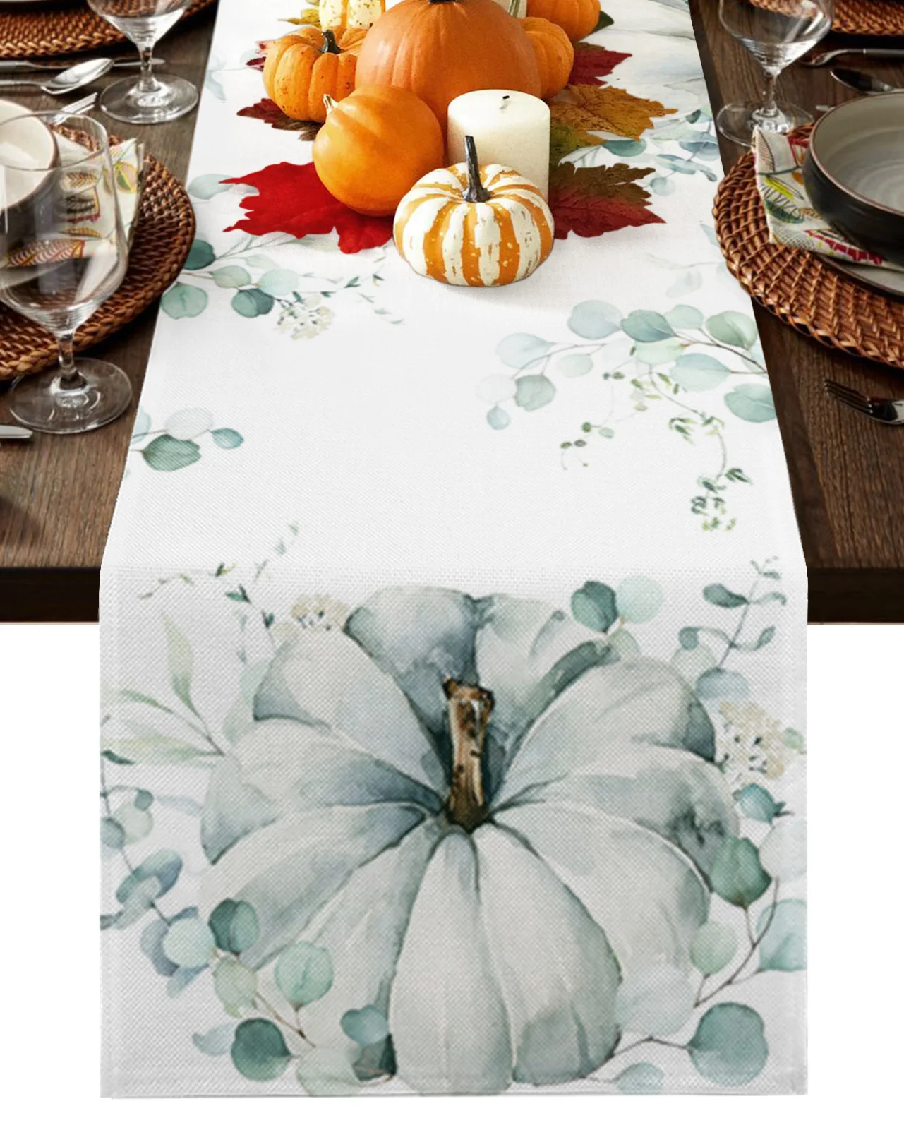 

Thanksgiving Autumn Eucalyptus Pumpkin Home Dining Room Decor Table Cloth Wedding Christmas Party Table Runners