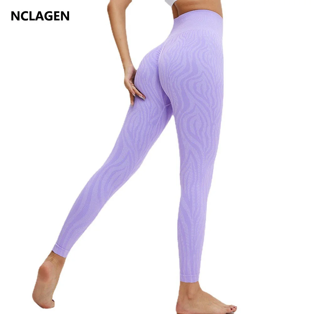 

NCLAGEN Women Pants Fitness Seamless Jacquard High Waist Quick Elastic GYM Leggings Peach Hip Lifting Booty Scrunch Sport Tights