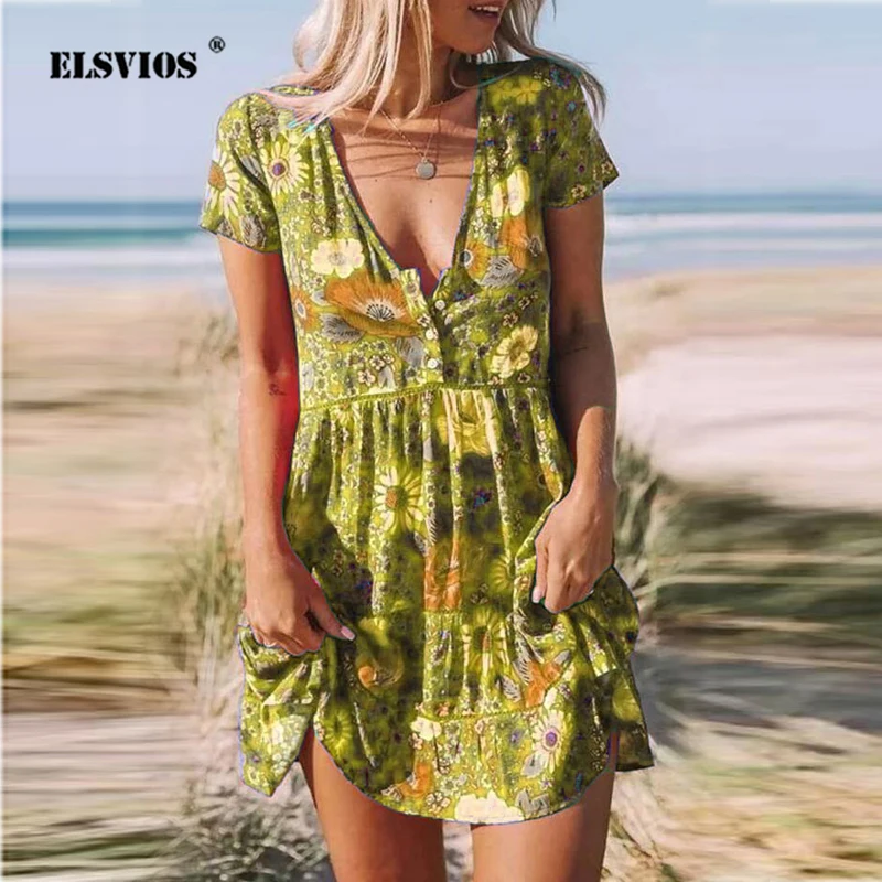 

Женское плиссированное платье с коротким рукавом, элегантное и элегантное базовое платье с принтом и V-образным вырезом, лето 2023