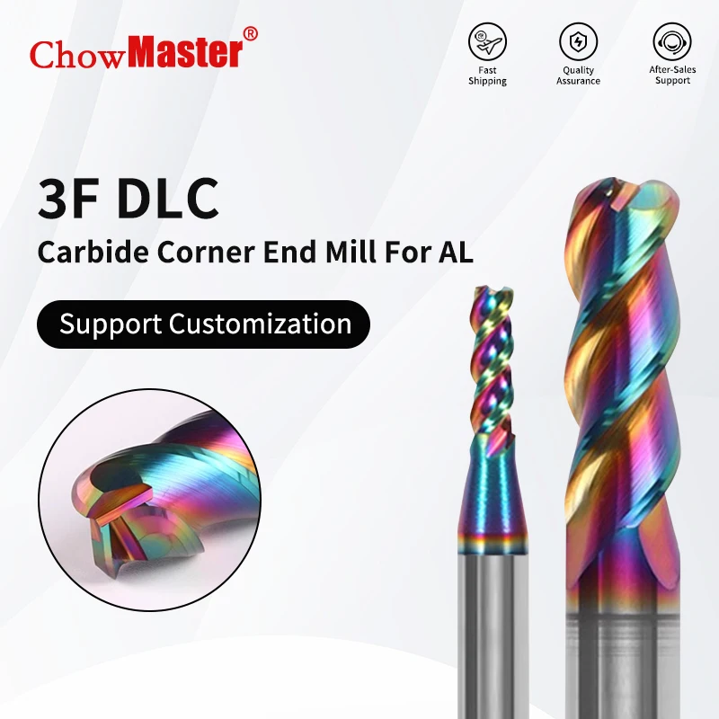 

Твердосплавная концевая фреза Chowmaster с угловым радиусом, 3 канавки, с DLC-покрытием R0.2 R0.5 R1 R2 1-12 мм, твердосплавная фреза для алюминия
