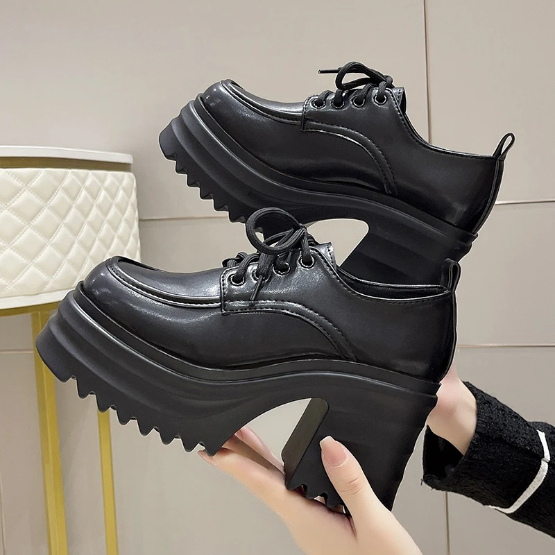 

Black Oxford Shoes Woman Gothic 10cm High Heel Lace-up Pumps Ladies Chunky Platform Leatherette Uniform Zapatos De Mujer