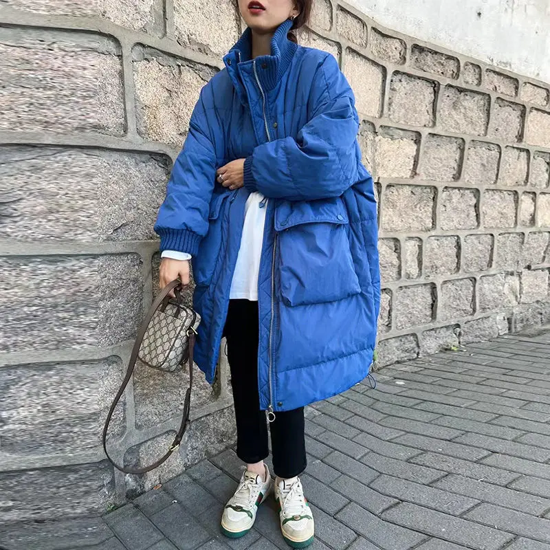 

Женская длинная пуховая куртка на молнии, свободная зимняя куртка с воротником-стойкой, женское повседневное пальто на белом утином пуху, D160, 2023