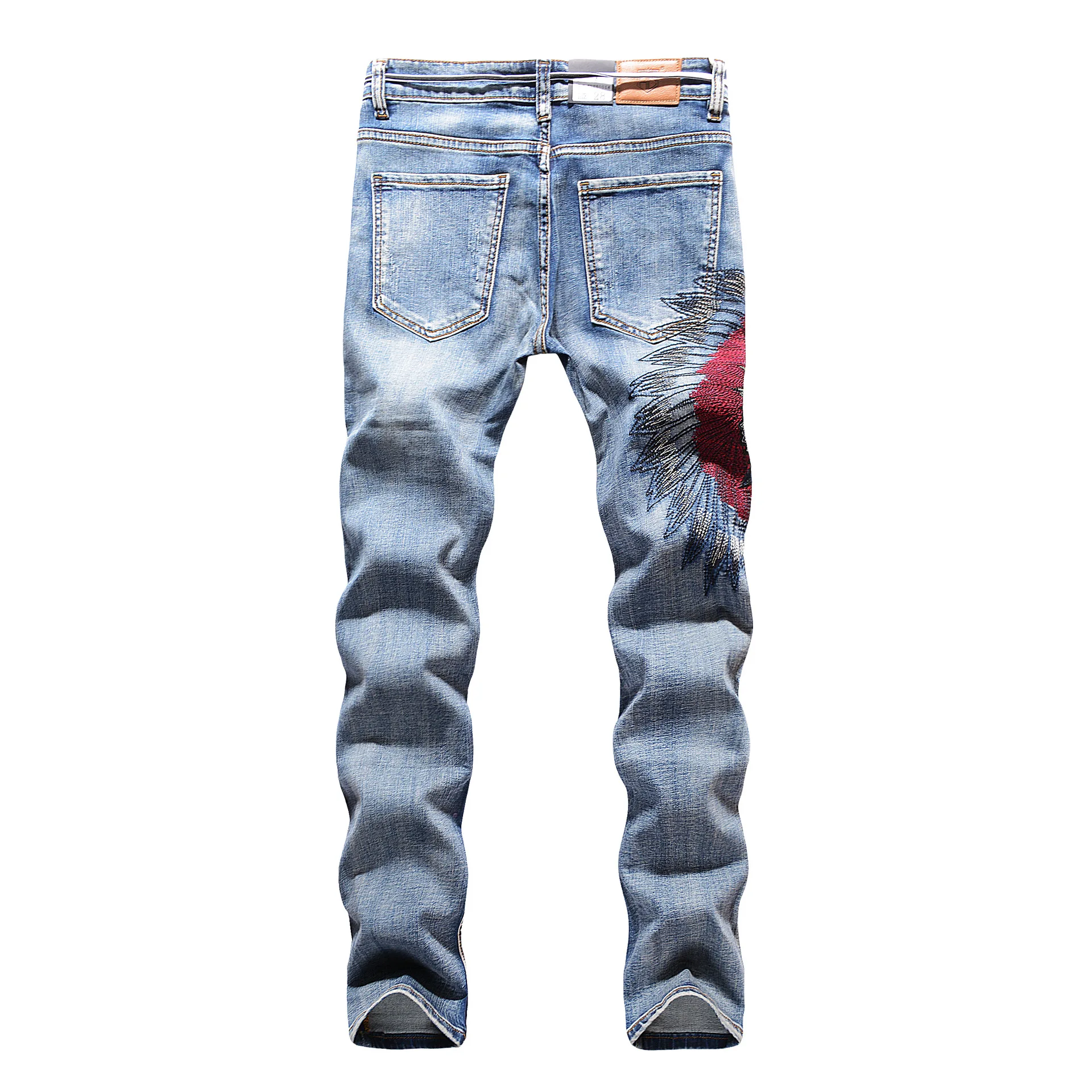 New Fashion Men's Jeans Indian Embroidery Hole Grinding Straight Elastic Jeans Streetwear Men Denim Pants