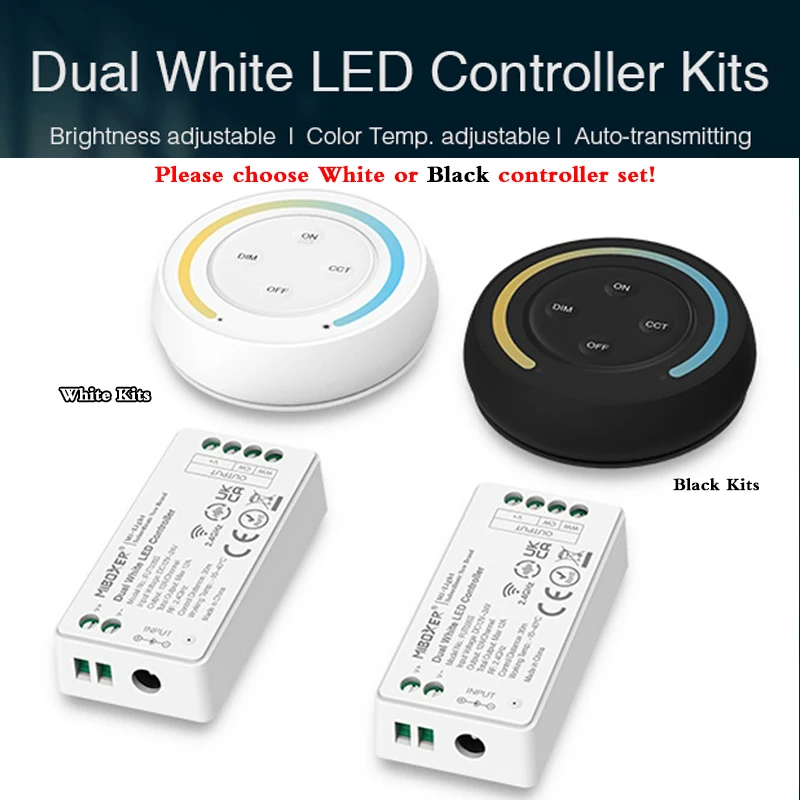 White/Black 2.4GHz Color Temp Sunrise Round Touch Remote Control + LED Controller DC12V 24V Dimmer Kits For Dual White LED Strip