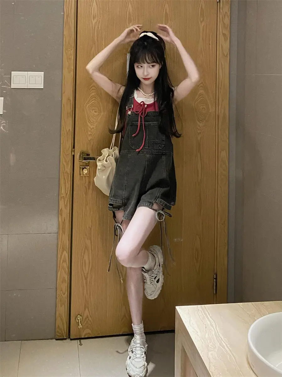 

Denim Women Jumpsuits Vintage Button Pockets Japanese Style Sweet Fresh Trendy Ins Full Length Straight All-match Loose Students