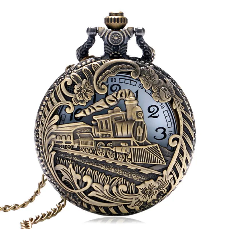 

Vintage Retro Bronze Hollow Train Locomotive Steampunk Quartz Pocket Watch Women Men Necklace Pendant with Chain Birthday Gift