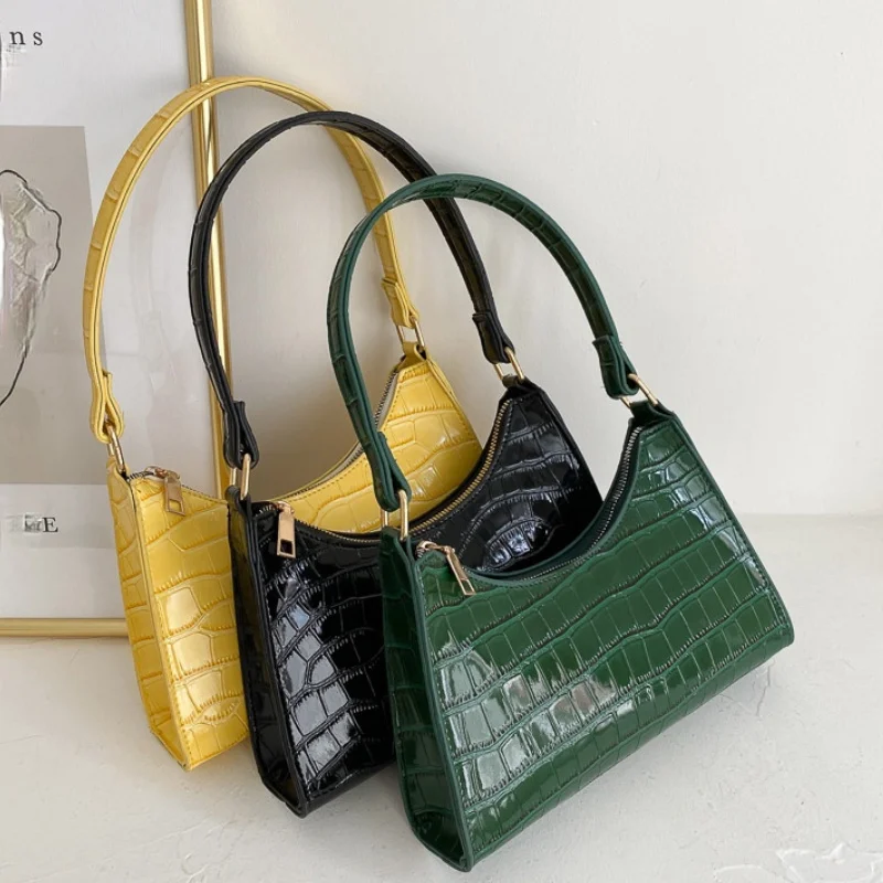 

PU Leather Women Hobos Underarm Bag Crocodile Pattern Ladies Small Shoulder Bags Bright Colors Female Purse Handbags