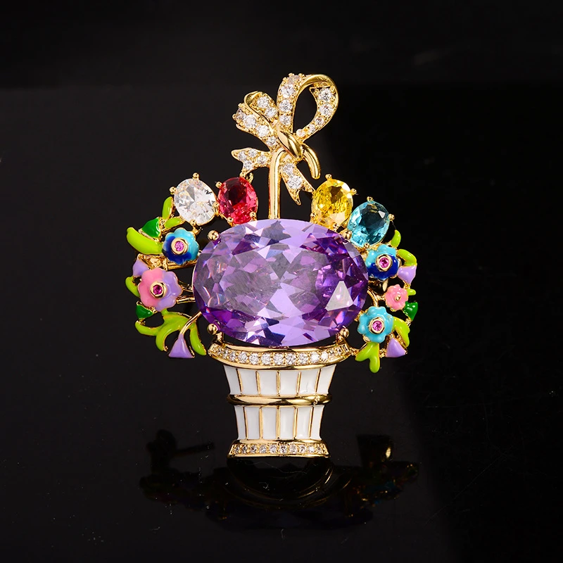 

Exquisite Lolita Flower Basket Brooches for Women Elegant Color Enamel Pins Zirconium Broche Light Luxury Accessories Woman Gift