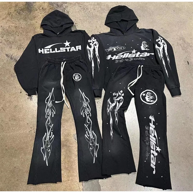 

New Hellstar Hoodie Guard Pants Set Vintage Wash Print High Street 1:1 Men's And Women's Sports Set