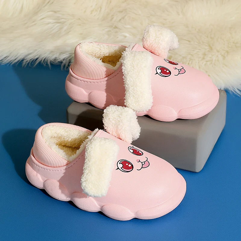 

2023 Children Cute Rabbit Plush Slippers New Winter Pink Mother Daughter Cotton Shoes Non-Slip Indoor Kids Girls Home Waterproof