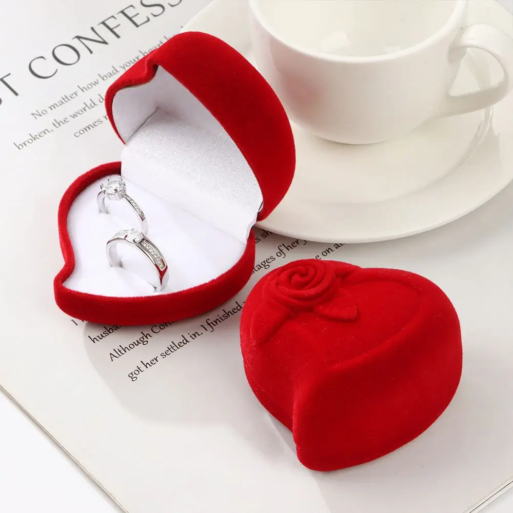 

Высококачественная прочная Свадебная витрина в форме сердца с красной розой, бархатная шкатулка для ювелирных изделий, двойная коробка для хранения колец