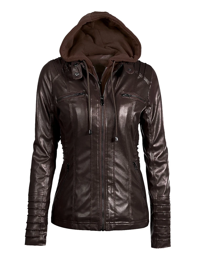 New Women Faux Leather Jacket Pu Motorcycle Hooded Hat Detachable Casual Leather  5xl Punk Outerwear Leather Jacket enlarge
