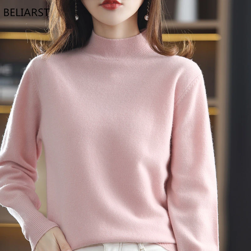 

BELIARST 2022 Spring and Autumn New Women's Half Turtleneck Pullover 100% Merino Wool Tops Casual Loose Knitted Bottoming Shirt