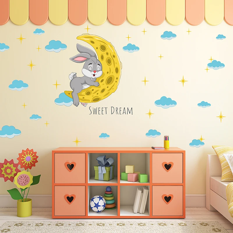 

Мультяшный кролик спящий на Луне Наклейка на стену съемное милое украшение для детской комнаты кролик Наклейка на стену