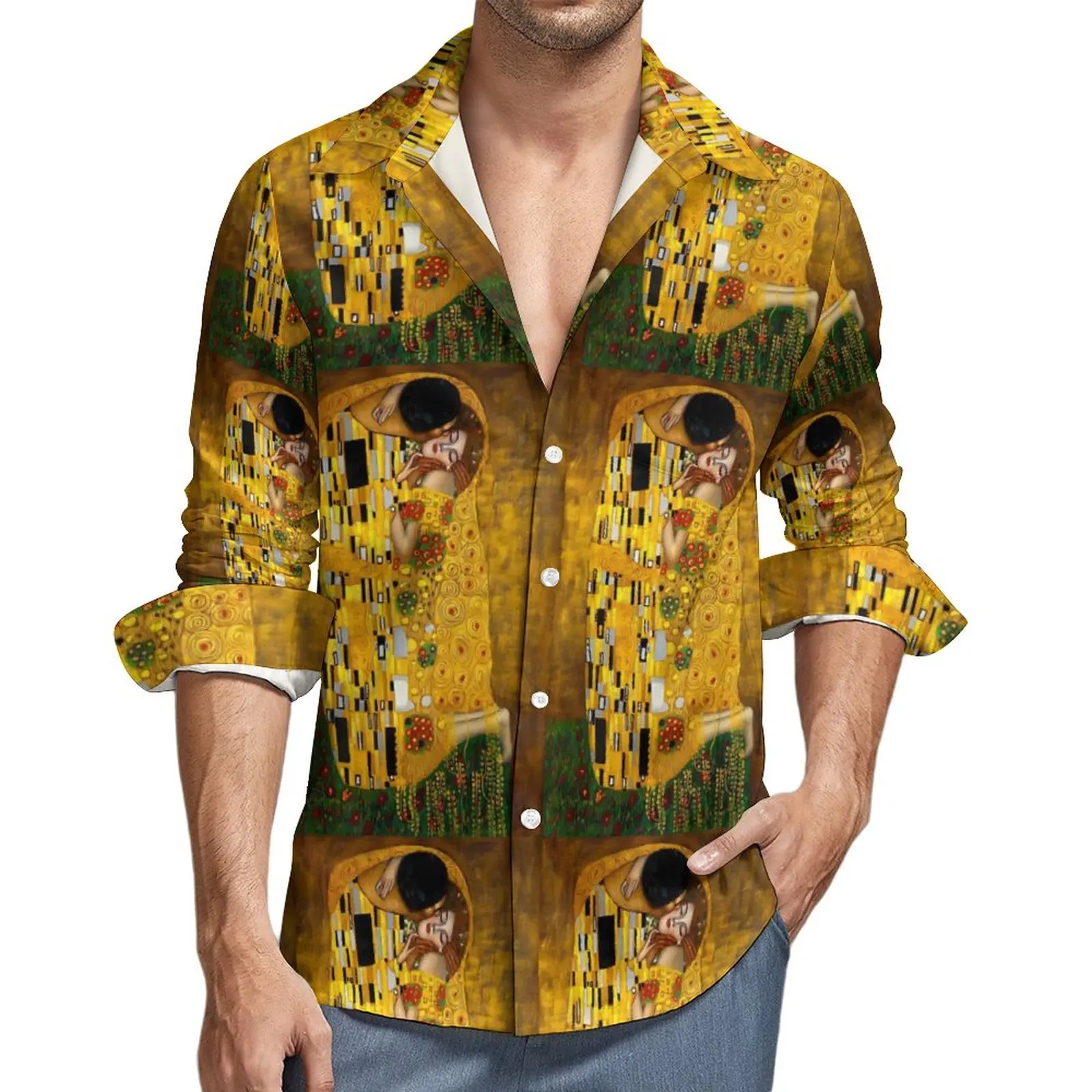 

Gustav Klimt Shirt Spring The Kiss Print Casual Shirts Male Vintage Blouses Long Sleeve Custom Stylish Clothes Big Size 3XL 4XL