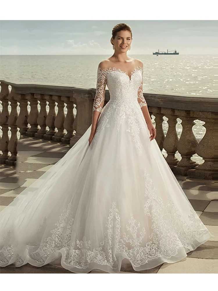 

Princess Sweetheart Bridal Dress 3/4 Lace Sleeves Applique Back Button Wedding Ball Gown 2022 Elegant Tulle Train Robe De Mariée