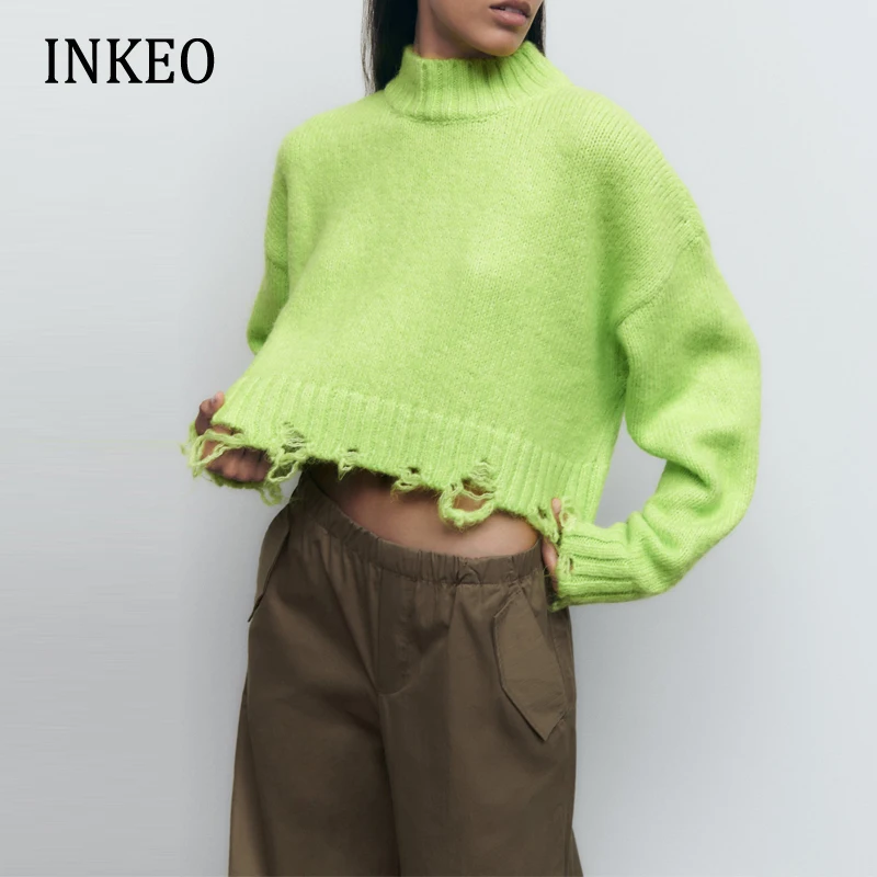 

Korean Women Ripped knit cropped sweater 2022 Autumn Fashion O-neck pullover knitted tops Trims Jumper Female Solid INKEO 2T284