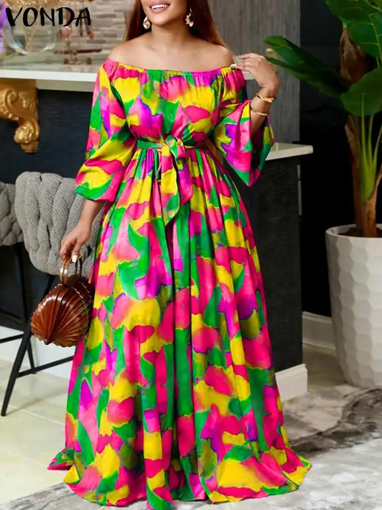 

Oversized Women Sundress 2022 VONDA Spring Summer Off Shoulder Party Dress Vintage Full-Length Print Maxi Vestido Robe Femme